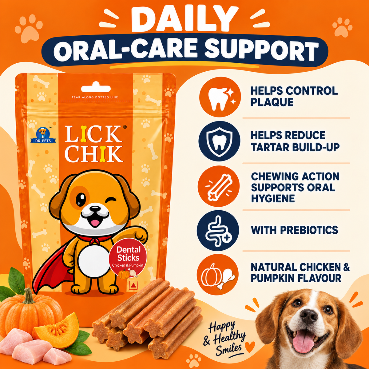 Dr. Pets Lick Chik Chicken & Pumpkin Dental Sticks for Dogs (Pack of 6)
